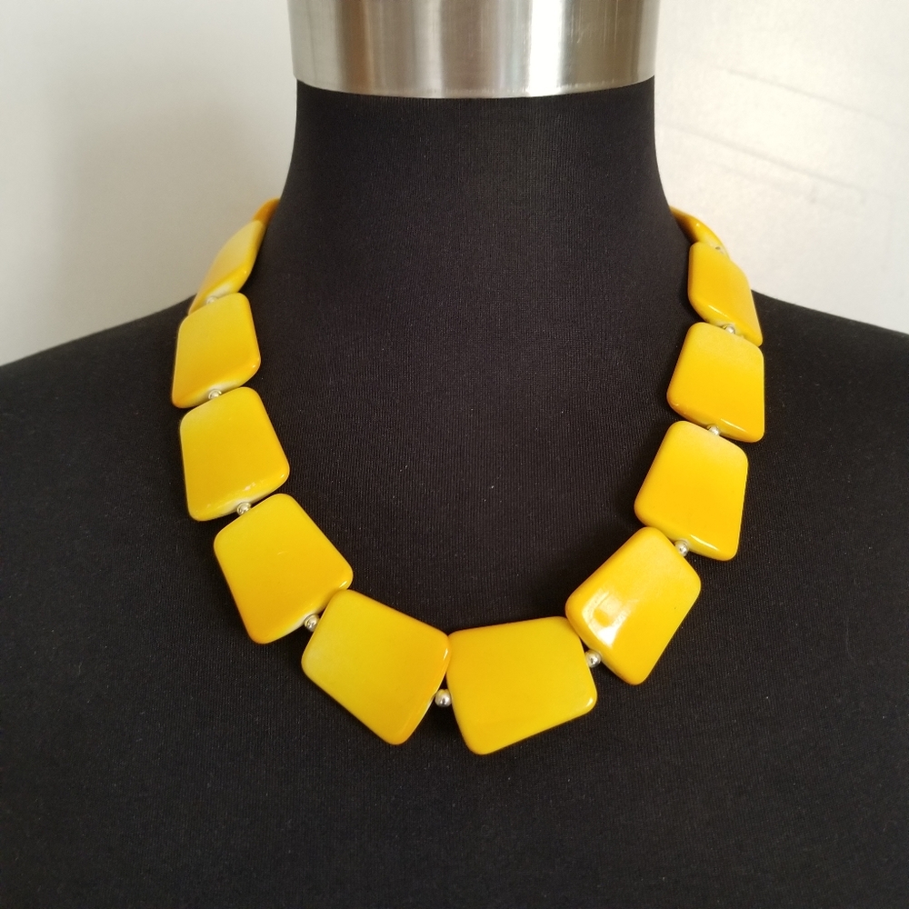 Silver Yellow Wood Bead Statement Necklace